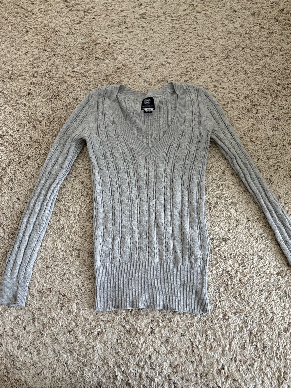 Vintage AE American Eagle Med Y2K Gray Cable-Knit V-Neck Sweater Preppy Academia